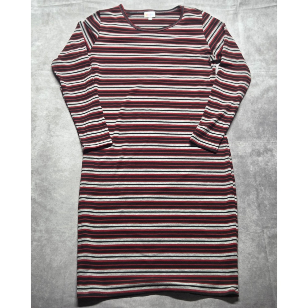 LuLaRoe Women's Striped Long Sleeve Dress Size L Red Gray Black Stripes